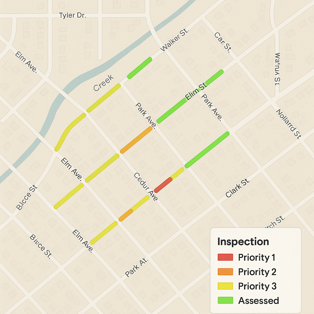 GIS map with coded segments and priorities