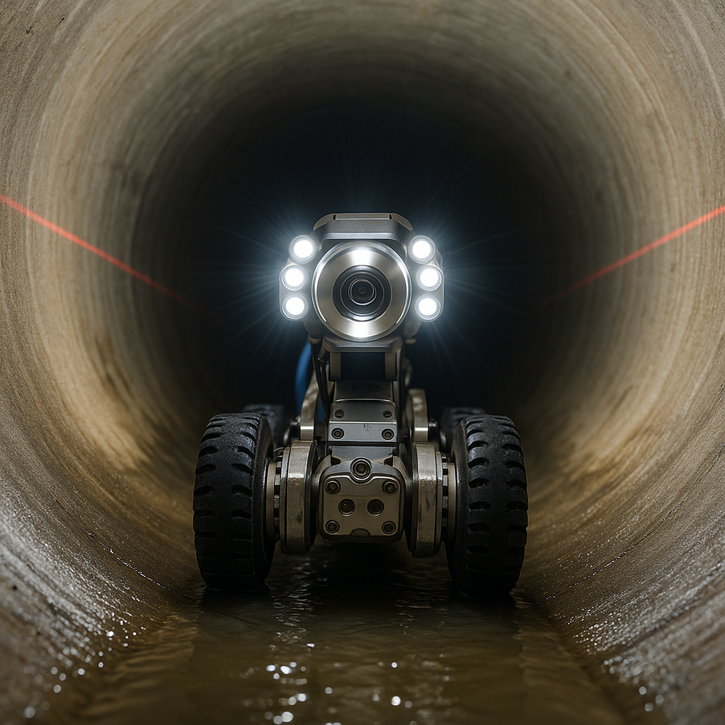 Robotic crawler inspecting pipeline with bright lighting