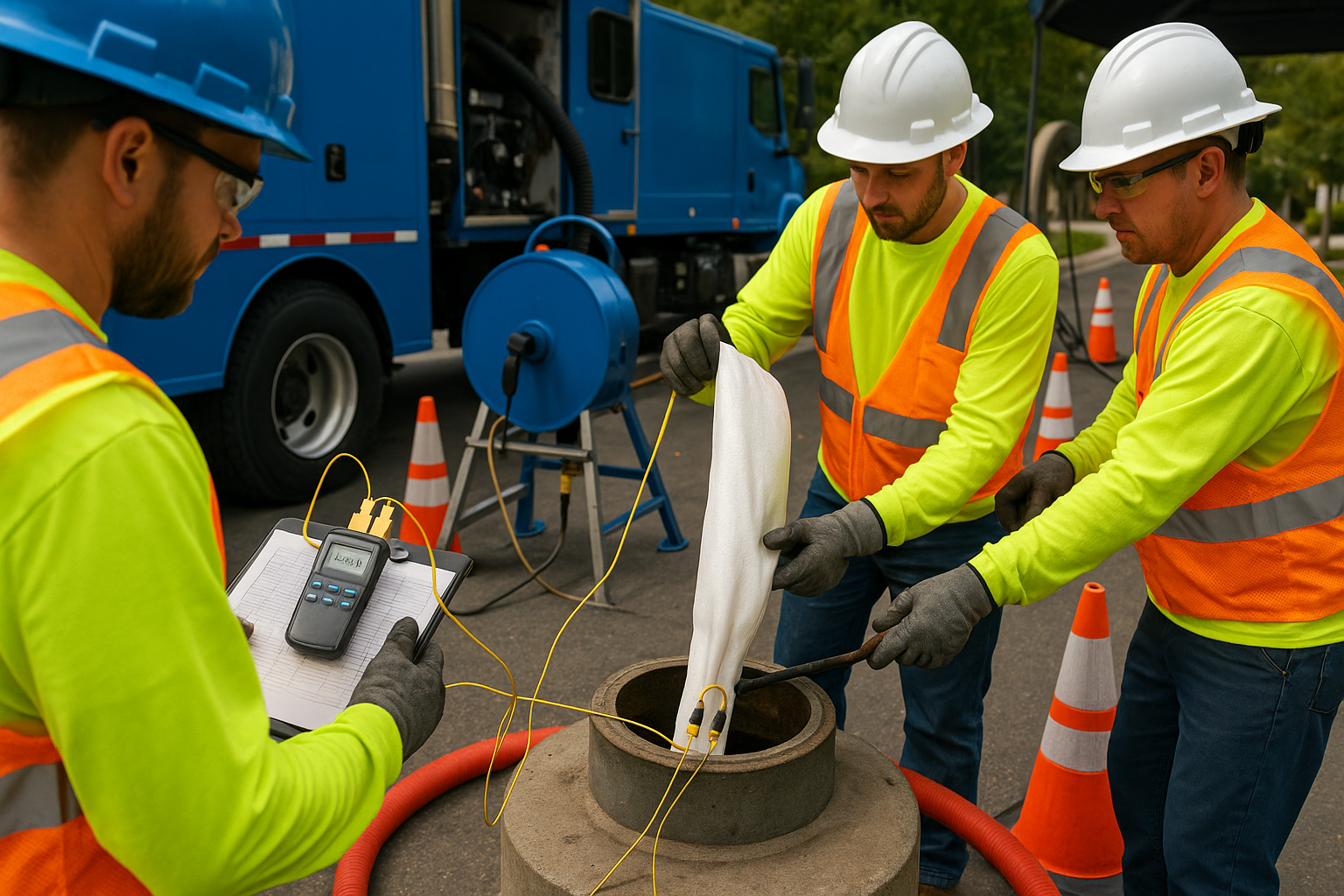 Crew positioning a CIPP liner at a manhole with inversion equipment