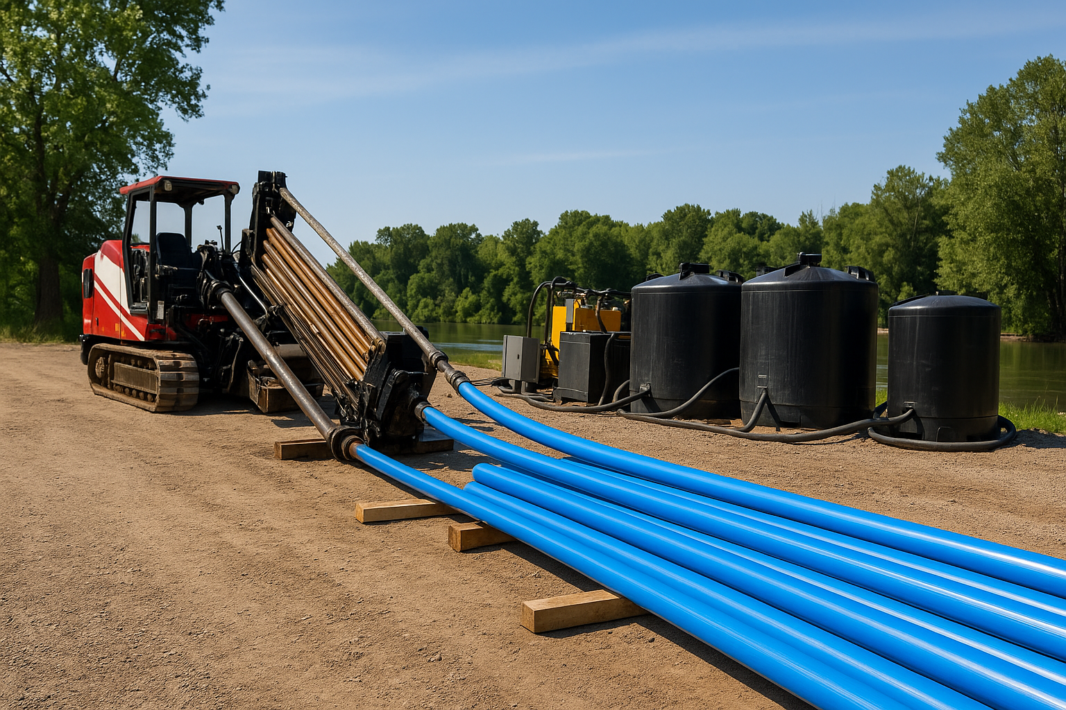 HDD rig stringing fused HDPE with drill rods aligned
