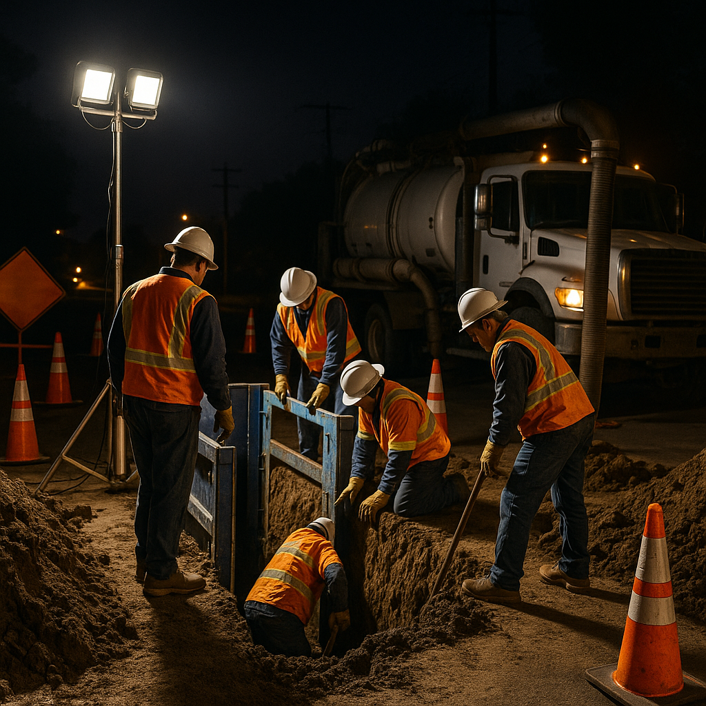 Night crew with light towers and shored excavation