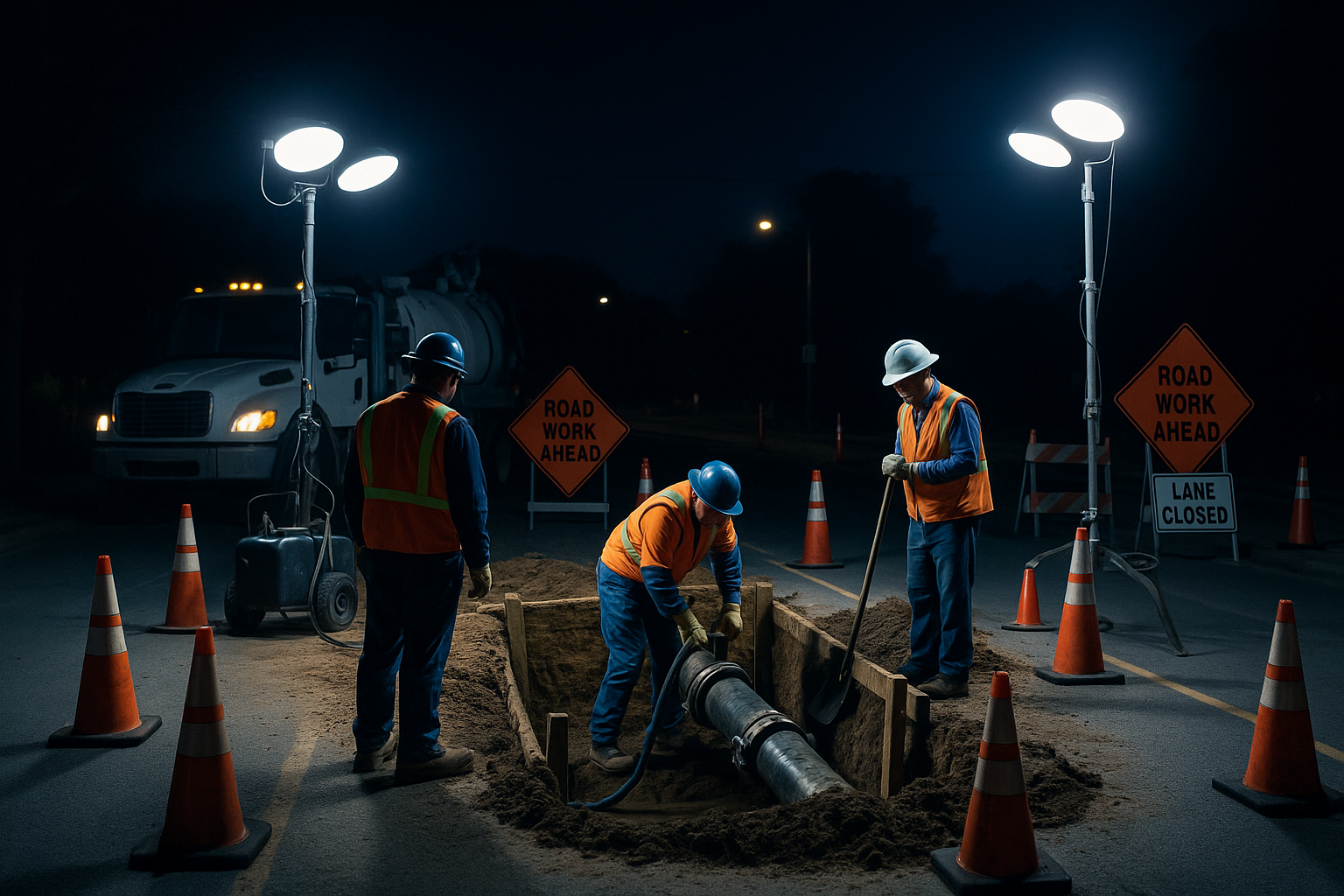 Crew performing night repair on a pressurized line with traffic control