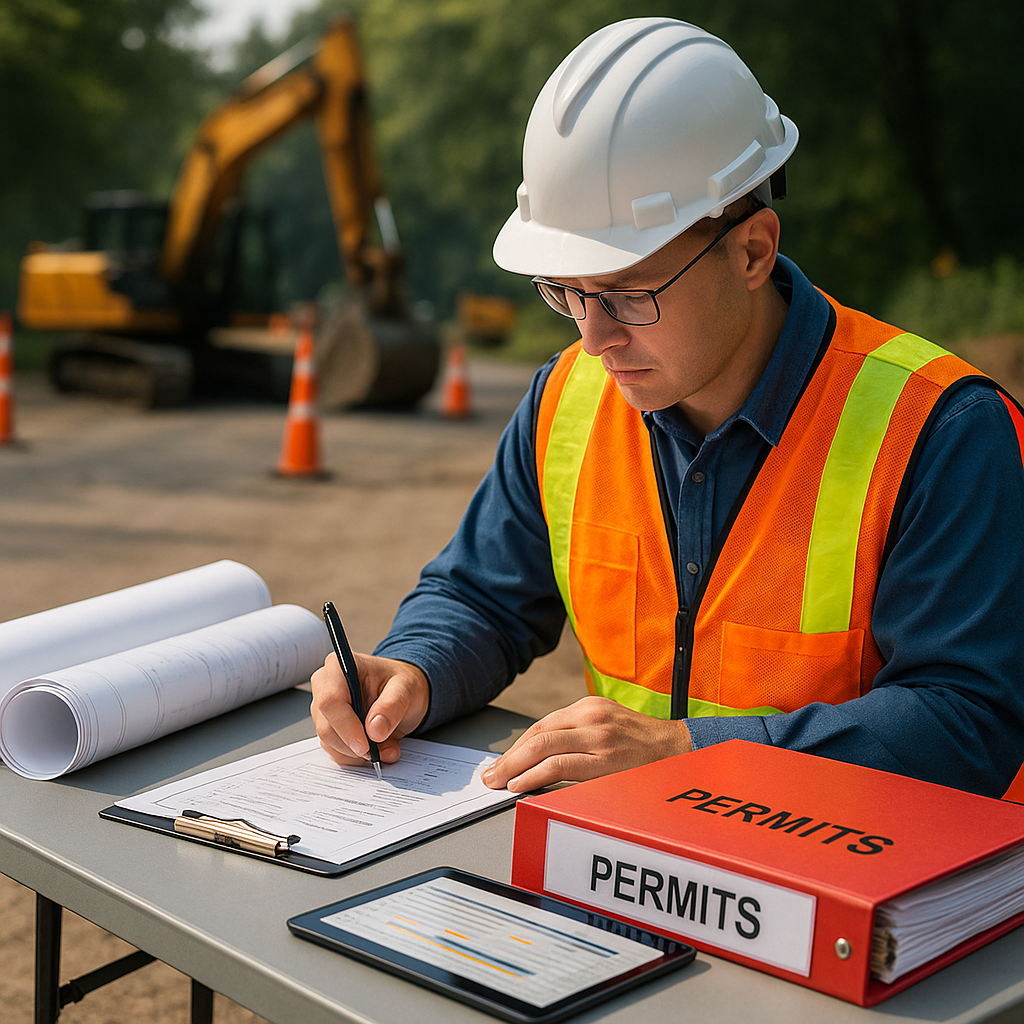 Project manager reviewing drawings and permits on site
