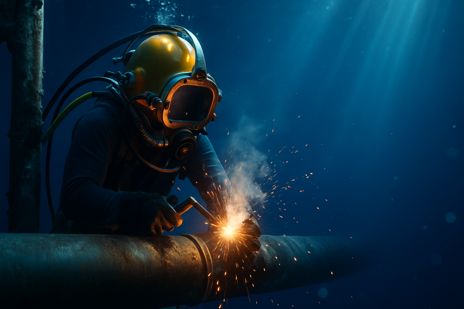 Commercial divers underwater near marine infrastructure