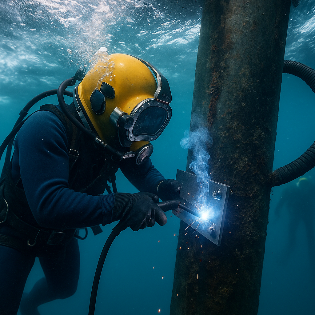 Diver at splash zone welding bracket onto pile