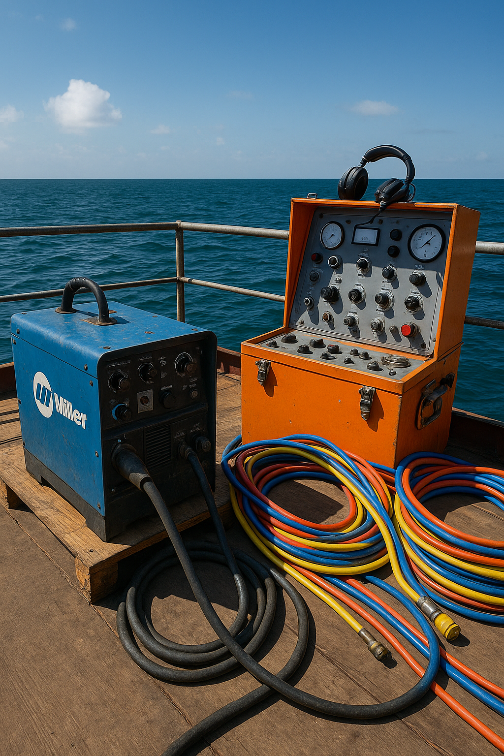 Topside welding machine and dive control console on barge