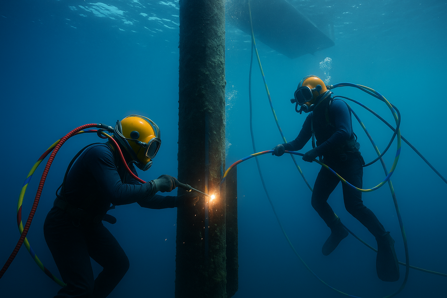Commercial divers performing underwater welding near a marine structure