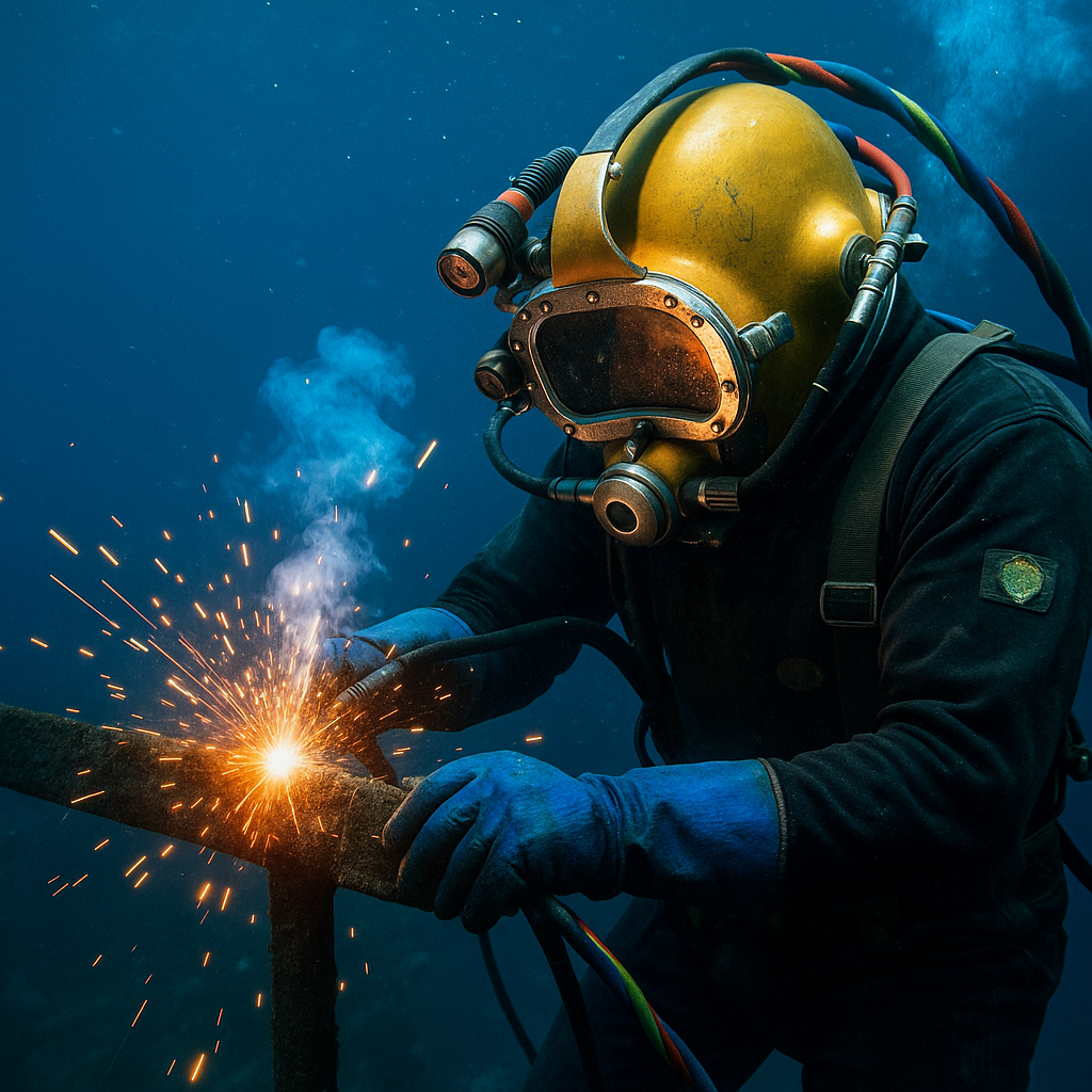 Commercial diver performing underwater welding