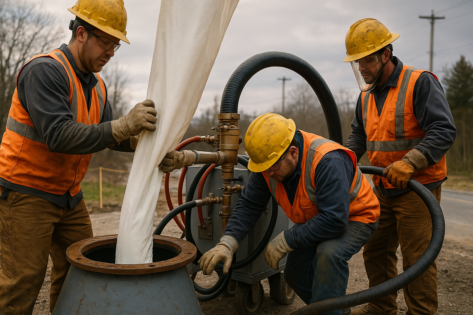 Pipeline rehabilitation crew preparing liner