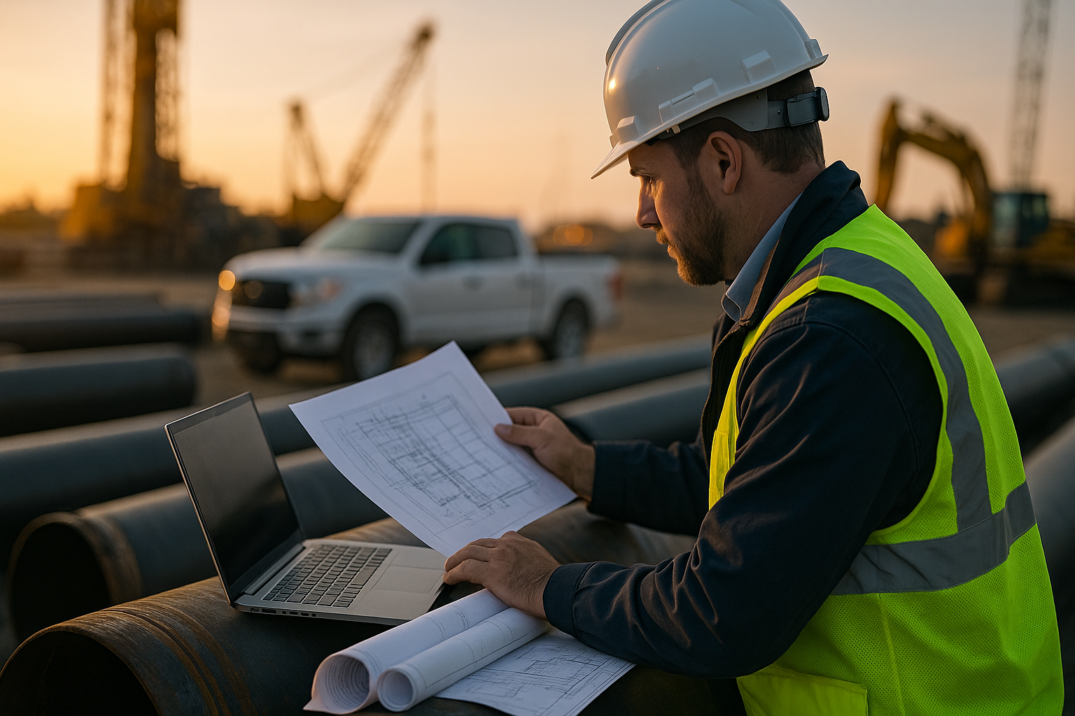Project manager reviewing drawings on site